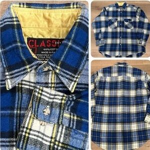 Classic Thick Cotton Shirt Men XL‎ Blue Plaid Blanket Check Satin Cuff Collar